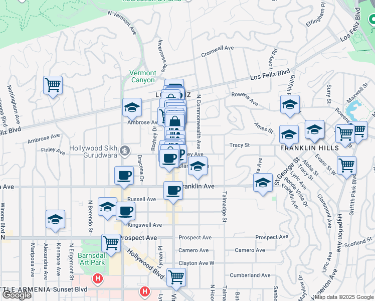 map of restaurants, bars, coffee shops, grocery stores, and more near 4427 Finley Avenue in Los Angeles