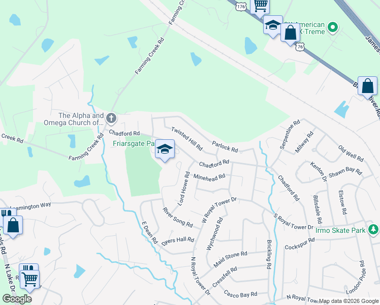 map of restaurants, bars, coffee shops, grocery stores, and more near 1415 Chadford Road in Irmo