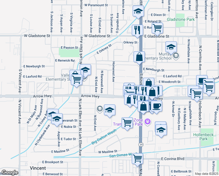 map of restaurants, bars, coffee shops, grocery stores, and more near 5226 Leaf Avenue in Azusa