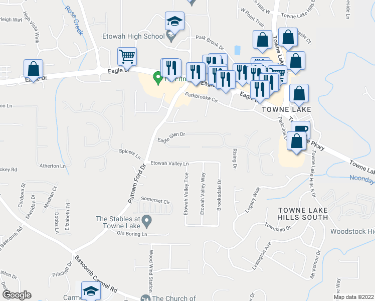 map of restaurants, bars, coffee shops, grocery stores, and more near 218 Eagle Glen Court in Woodstock
