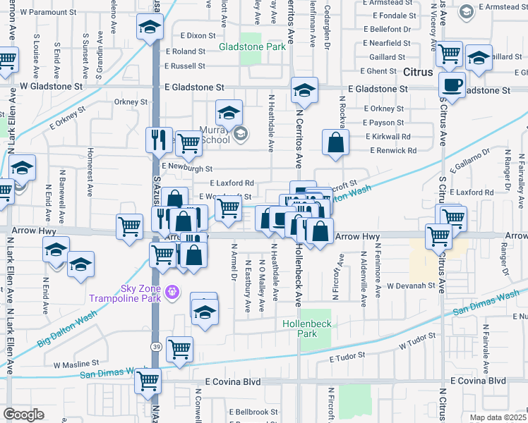 map of restaurants, bars, coffee shops, grocery stores, and more near 543 East Arrow Highway in Azusa