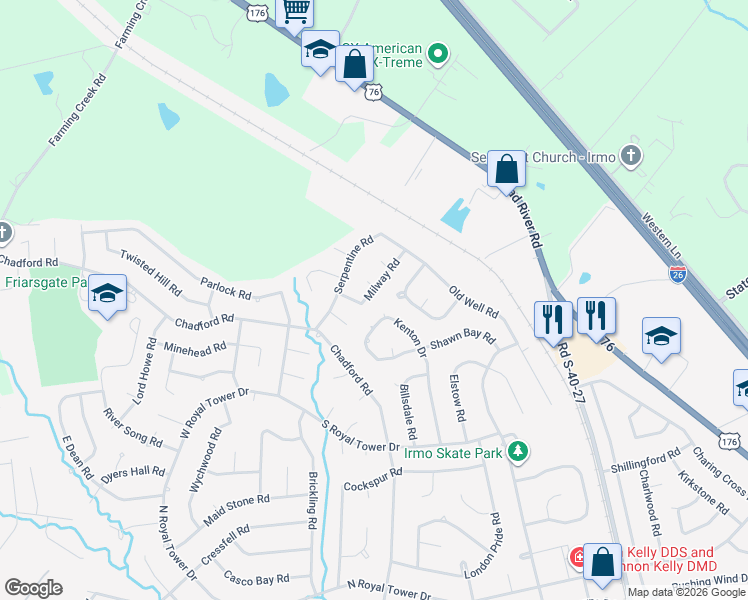 map of restaurants, bars, coffee shops, grocery stores, and more near 206 Milway Road in Irmo