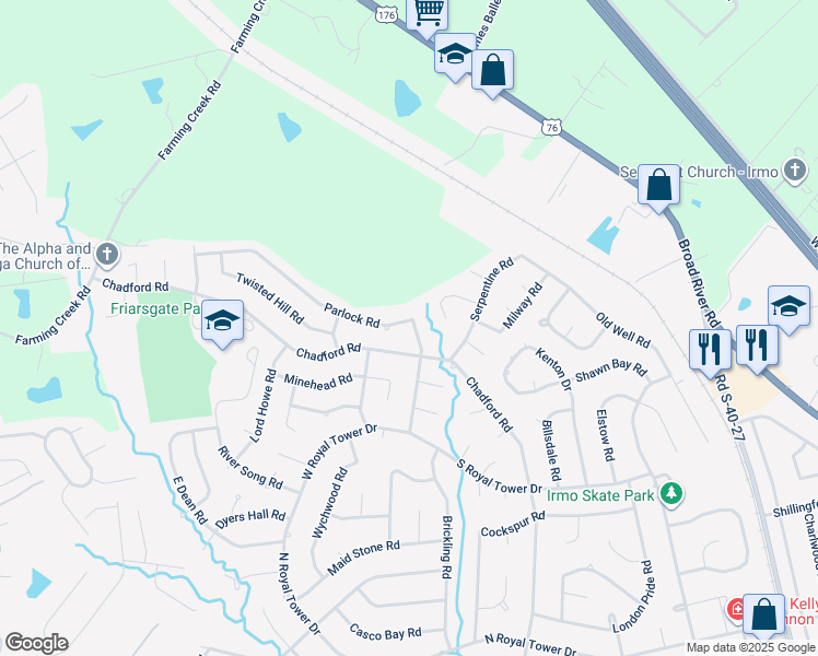 map of restaurants, bars, coffee shops, grocery stores, and more near 312 Parlock Road in Irmo