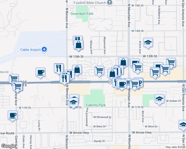 map of restaurants, bars, coffee shops, grocery stores, and more near 1428 Springfield Street in Upland