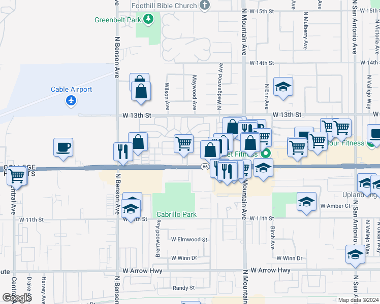 map of restaurants, bars, coffee shops, grocery stores, and more near 1370 Springfield Street in Upland