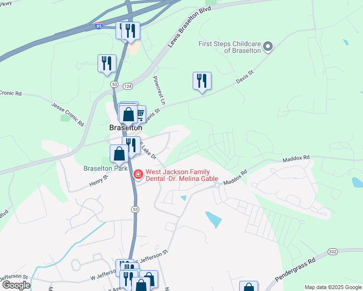 map of restaurants, bars, coffee shops, grocery stores, and more near 35 Lakeshore Circle in Braselton