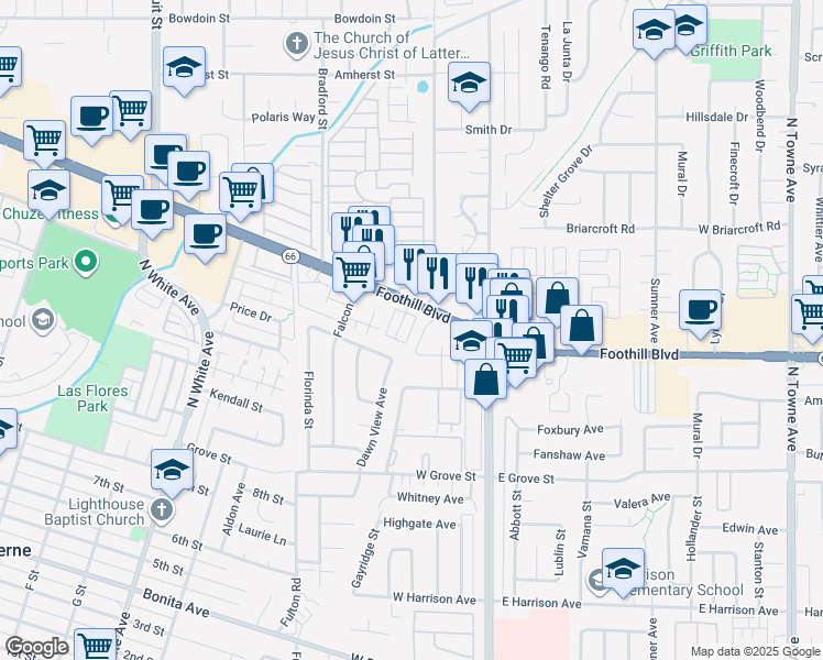 map of restaurants, bars, coffee shops, grocery stores, and more near 3426 Coral Way in Pomona