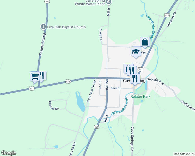 map of restaurants, bars, coffee shops, grocery stores, and more near Alabama Street in Cave Spring