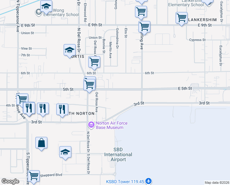 map of restaurants, bars, coffee shops, grocery stores, and more near East 5th Street in San Bernardino