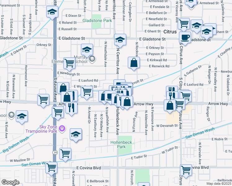 map of restaurants, bars, coffee shops, grocery stores, and more near 821 South Cerritos Avenue in Azusa