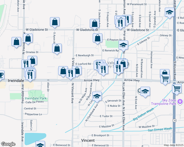 map of restaurants, bars, coffee shops, grocery stores, and more near 1081 West Arrow Highway in Azusa