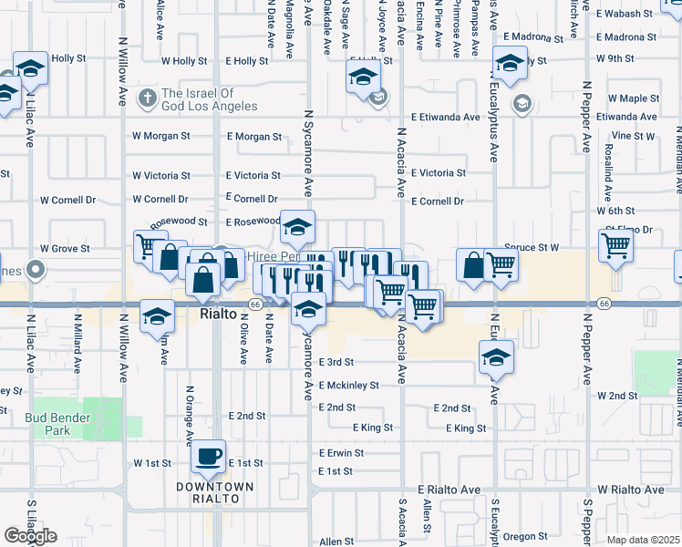 map of restaurants, bars, coffee shops, grocery stores, and more near 432 North Sage Avenue in Rialto