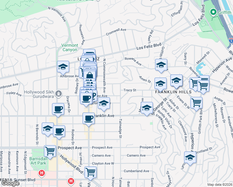 map of restaurants, bars, coffee shops, grocery stores, and more near 4311 Finley Avenue in Los Angeles