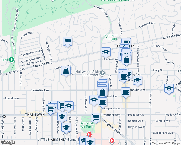 map of restaurants, bars, coffee shops, grocery stores, and more near 2025 North New Hampshire Avenue in Los Angeles