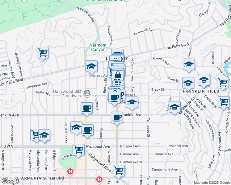 map of restaurants, bars, coffee shops, grocery stores, and more near 4501 Finley Avenue in Los Angeles