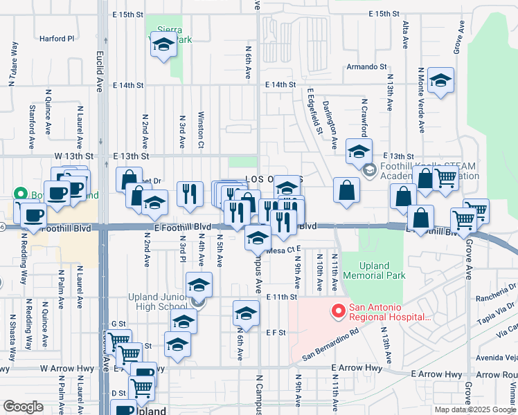 map of restaurants, bars, coffee shops, grocery stores, and more near North Campus Avenue in San Bernardino County