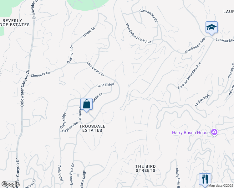 map of restaurants, bars, coffee shops, grocery stores, and more near 1855 Loma Vista Drive in Beverly Hills