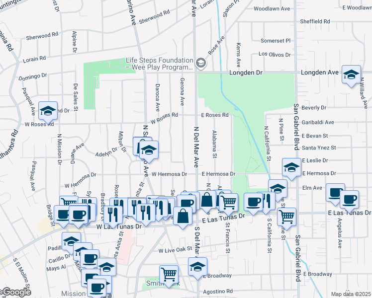map of restaurants, bars, coffee shops, grocery stores, and more near 404 Gerona Avenue in San Gabriel
