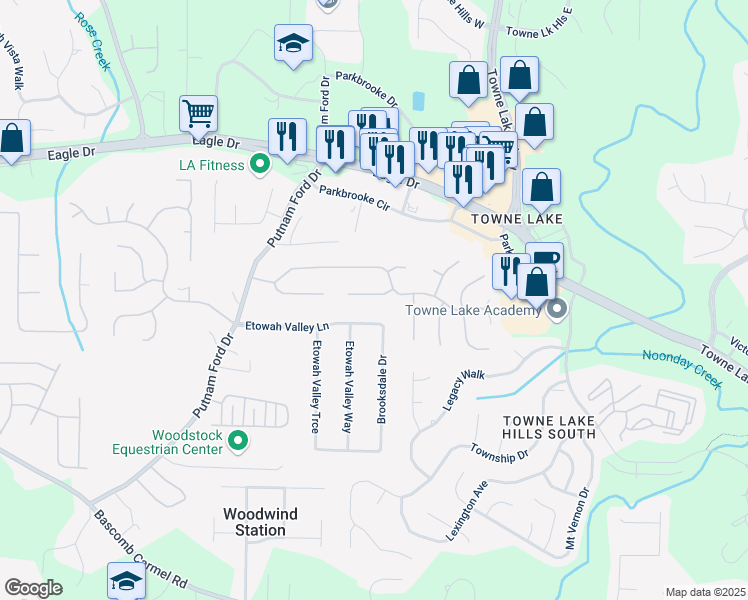 map of restaurants, bars, coffee shops, grocery stores, and more near 232 Eagle Glen Way in Woodstock