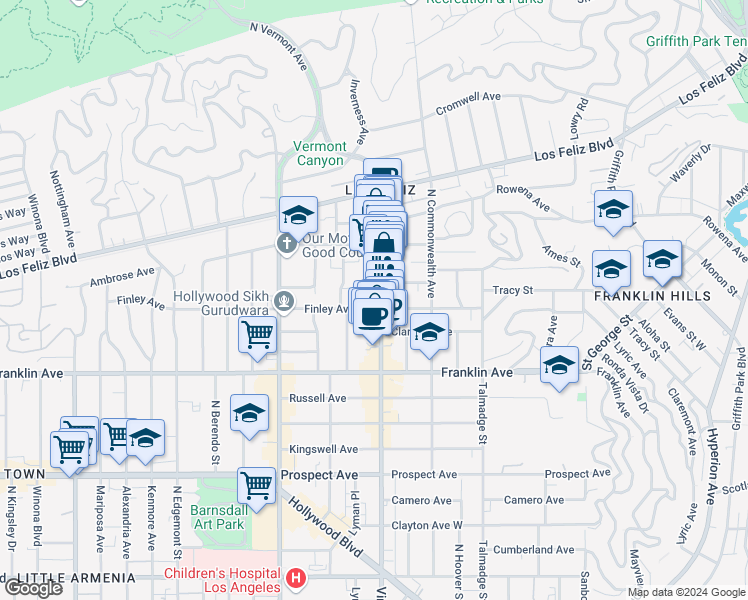 map of restaurants, bars, coffee shops, grocery stores, and more near 4501 Finley Avenue in Los Angeles