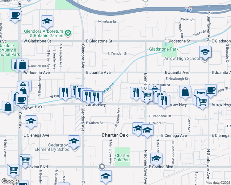 map of restaurants, bars, coffee shops, grocery stores, and more near 201 East Arrow Highway in Glendora