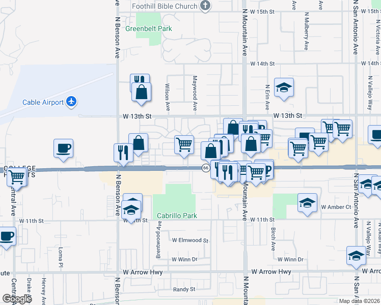 map of restaurants, bars, coffee shops, grocery stores, and more near 1370 Springfield Street in Upland