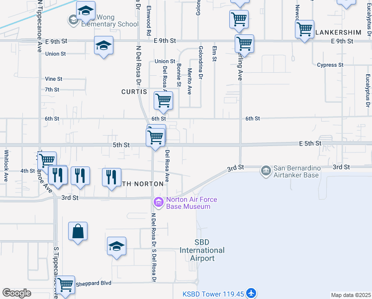 map of restaurants, bars, coffee shops, grocery stores, and more near 8025 Shirley Avenue in San Bernardino