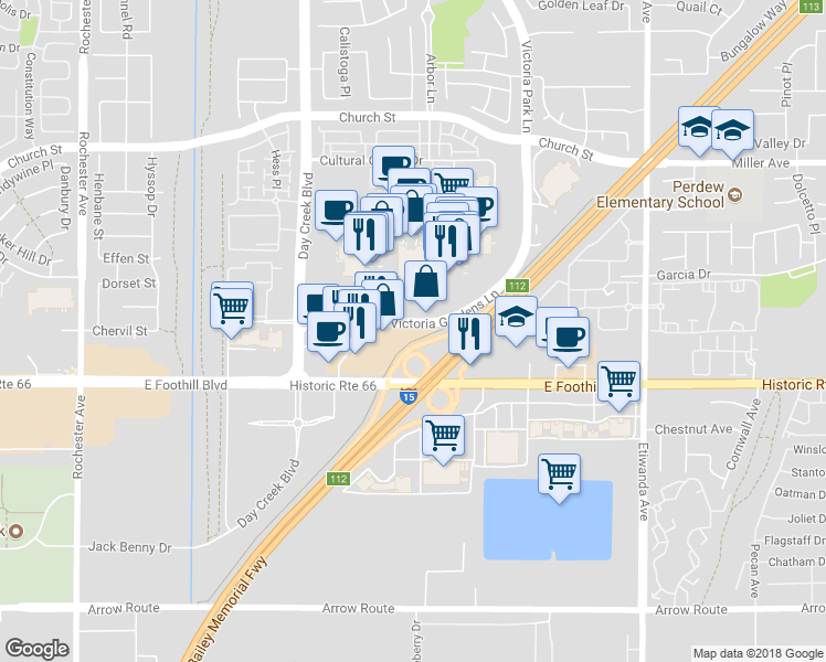 map of restaurants, bars, coffee shops, grocery stores, and more near 12499 Victoria Gardens Lane in Rancho Cucamonga