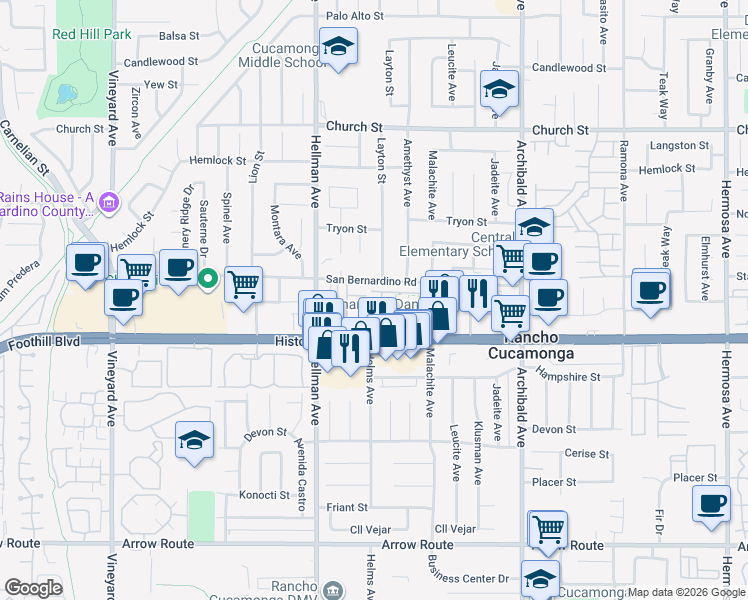 map of restaurants, bars, coffee shops, grocery stores, and more near 8024 Tulsa Place in Rancho Cucamonga