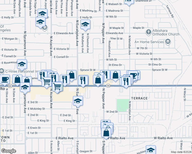 map of restaurants, bars, coffee shops, grocery stores, and more near 2937 Spruce Street West in Rialto