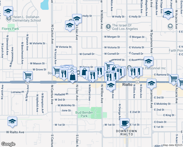 map of restaurants, bars, coffee shops, grocery stores, and more near 372 West Ramona Drive in Rialto