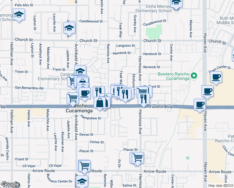 map of restaurants, bars, coffee shops, grocery stores, and more near 9951 Stafford Street in Rancho Cucamonga