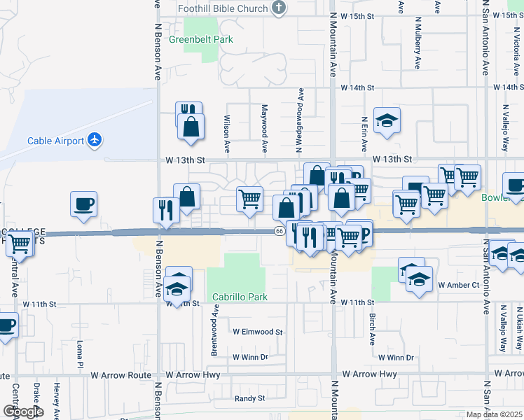 map of restaurants, bars, coffee shops, grocery stores, and more near 1371 Springfield Street in Upland