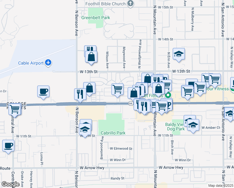 map of restaurants, bars, coffee shops, grocery stores, and more near 1371 Springfield Street in Upland