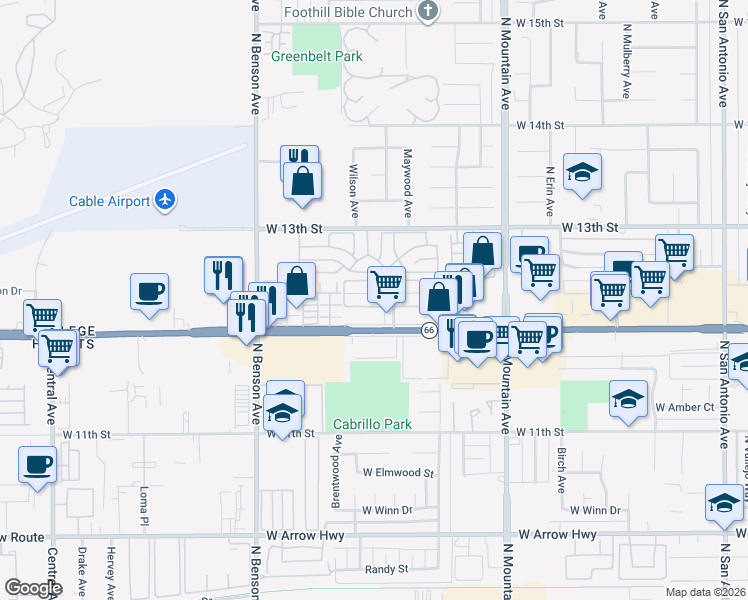 map of restaurants, bars, coffee shops, grocery stores, and more near 1429 Springfield Street in Upland