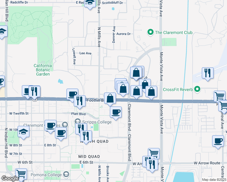 map of restaurants, bars, coffee shops, grocery stores, and more near 4427 Cuernavaca Place in Claremont