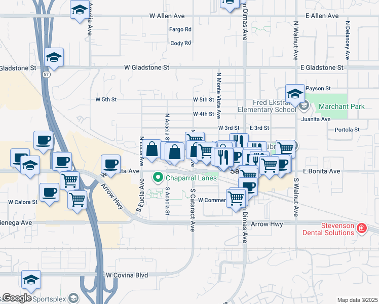 map of restaurants, bars, coffee shops, grocery stores, and more near 173 North Cataract Avenue in San Dimas