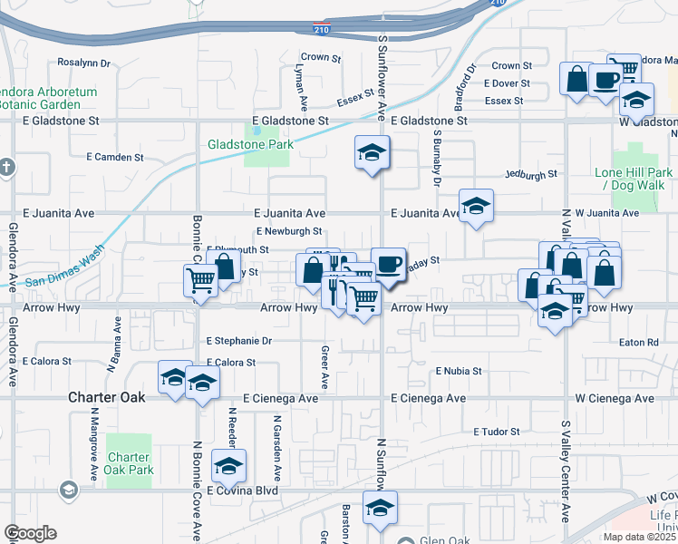 map of restaurants, bars, coffee shops, grocery stores, and more near 760 East Plymouth Street in Glendora
