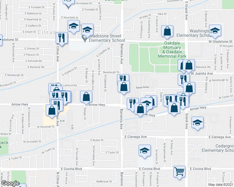 map of restaurants, bars, coffee shops, grocery stores, and more near 18849 East Woodcroft Street in Covina