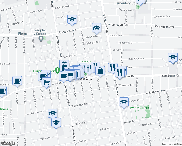map of restaurants, bars, coffee shops, grocery stores, and more near 5935 1/2 Agnes Avenue in Temple City