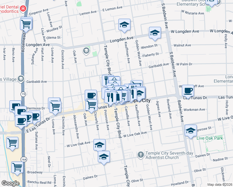 map of restaurants, bars, coffee shops, grocery stores, and more near 9622 Woodruff Avenue in Temple City