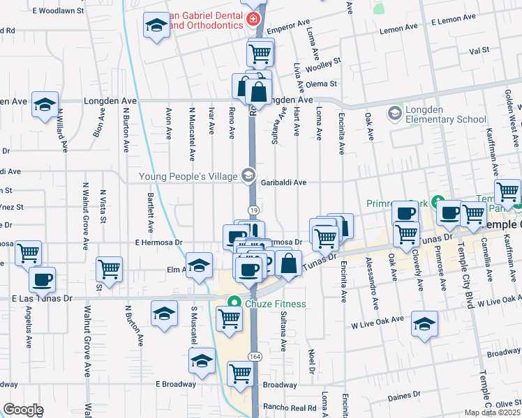 map of restaurants, bars, coffee shops, grocery stores, and more near 6027 Sultana Avenue in Temple City