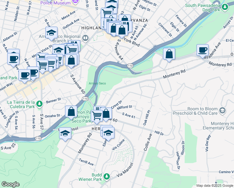 map of restaurants, bars, coffee shops, grocery stores, and more near 6224 Monterey Road in Los Angeles