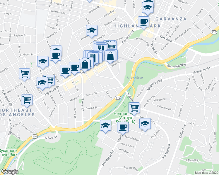 map of restaurants, bars, coffee shops, grocery stores, and more near 5976 Hayes Avenue in Los Angeles