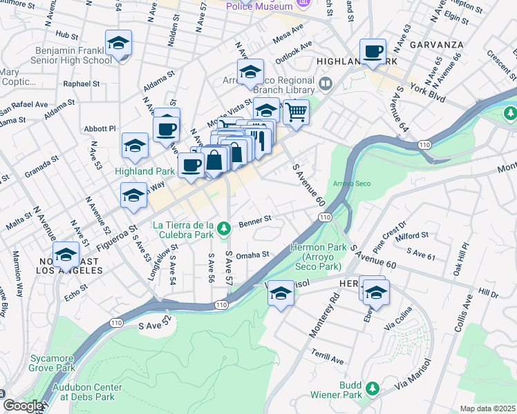 map of restaurants, bars, coffee shops, grocery stores, and more near 150 South Avenue 58 in Los Angeles