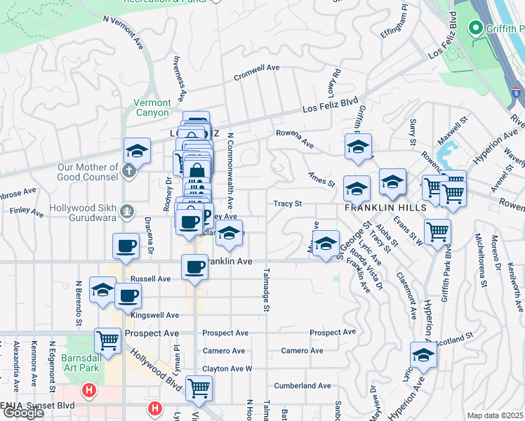 map of restaurants, bars, coffee shops, grocery stores, and more near 2024 North Hoover Street in Los Angeles