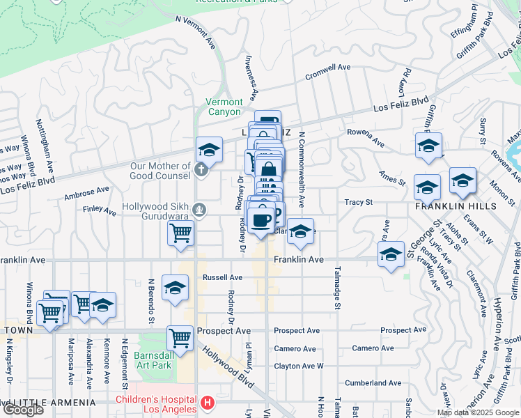 map of restaurants, bars, coffee shops, grocery stores, and more near 2028 Rodney Drive in Los Angeles