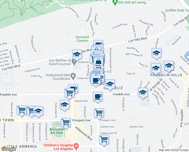 map of restaurants, bars, coffee shops, grocery stores, and more near 2028 Rodney Drive in Los Angeles