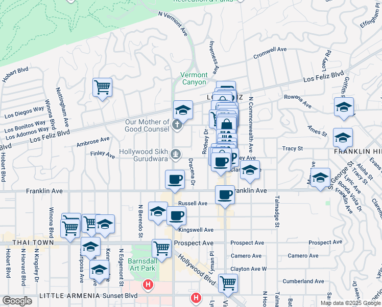 map of restaurants, bars, coffee shops, grocery stores, and more near 2024 1/2 Dracena Drive in Los Angeles