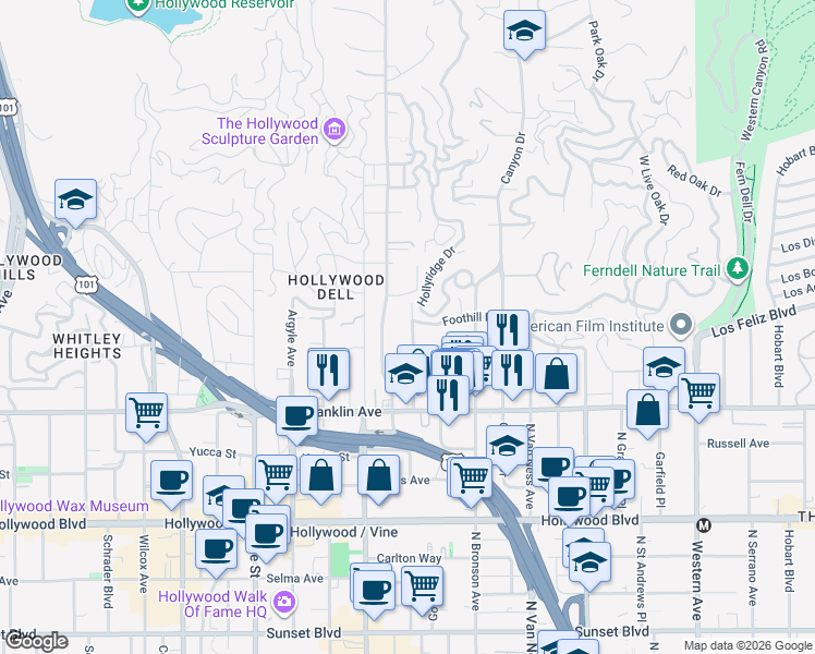map of restaurants, bars, coffee shops, grocery stores, and more near 2247 Hollyridge Drive in Los Angeles